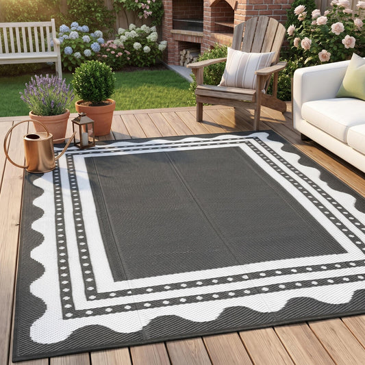 IDEALHOUSE Waterproof Outdoor Rug 8x10 for Patio, Reversible Modern Area Rug, Large Plastic Straw Mat for Camping, RV, Porch, Backyard, Deck, Picnic, Beach, Grey & White