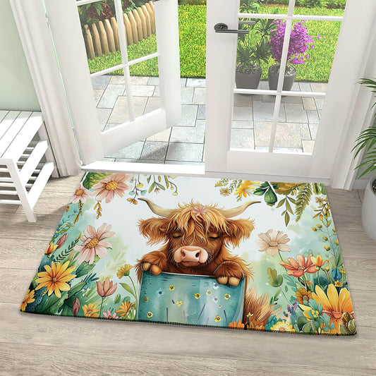 Door Mat, Cute Calf Welcome Mat, Colorful Spring Flowers Doormats Indoor Entrance, Indoor Outdoor Mat, Low-Profile Floor Rugs for Entry, Patio, 17''x30''