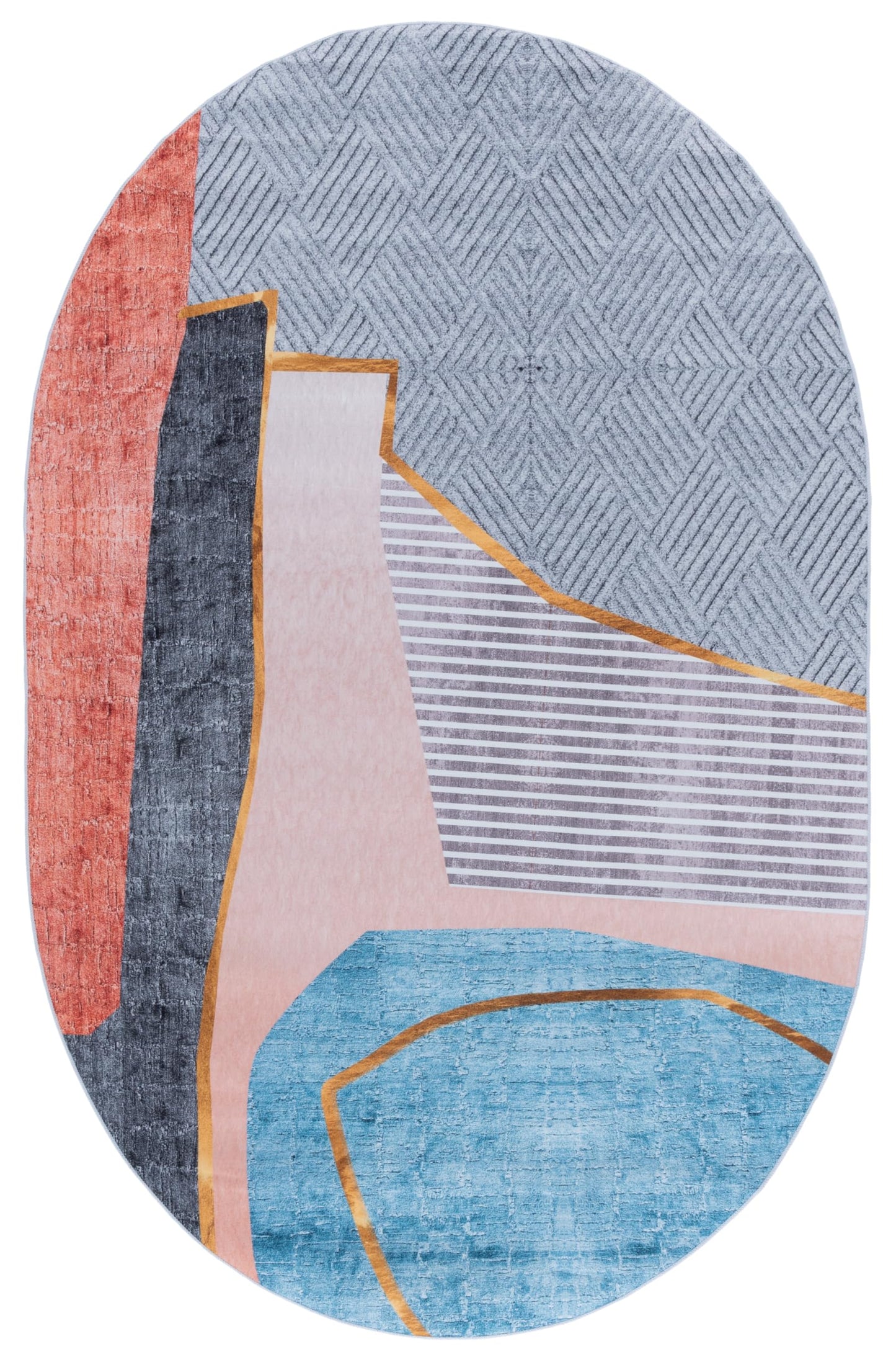 SAFAVIEH Washable Rug Tacoma Collection - 5' x 8' Oval, Beige & Blue, Slip Resistant & Easy to Clean, Ideal for Living Room, Bedroom, Foyer, Dining Space (TAC834B)