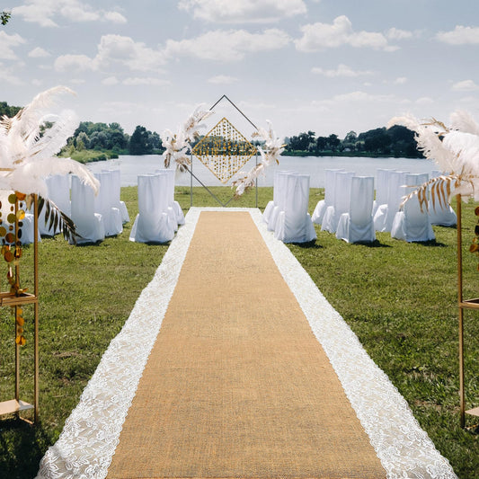 Preboun 3ft x 30 ft Wedding Aisle Runner Outdoor Natural Burlap Aisle Runner for Wedding Ceremony Wide Rustic Jute Carpet Rug with Lace Outdoor Beach Ceremony Decorations for Garden Lawn Church