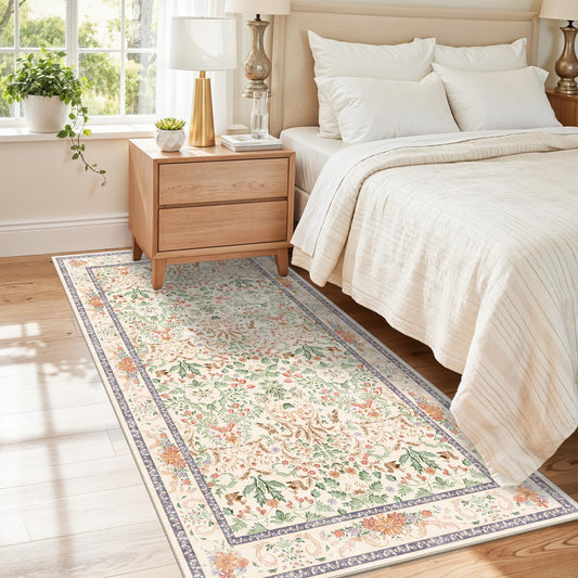Botanical Beige 3x5 Area Rug - Non-Slip Washable Soft Low-Pile Small Area Rugs for Kitchen Bedroom Entryway Kid Room – Vintage Florals Door mat Indoor (Cream, 3x5)