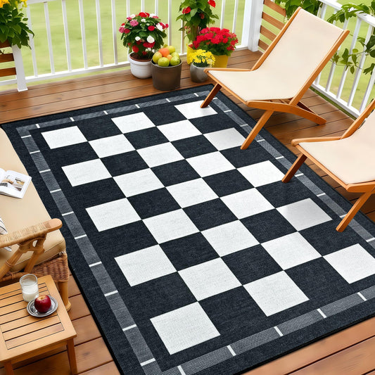 Vasofe Checkered Jute 5x7 Area Rugs, Washable Outdoor Patio Rug for Living Room Indoor Carpet, Non-Slip Farmhouse Geometric Non Slip Carpet for Backyard Dining Room Bedroom, Black and White