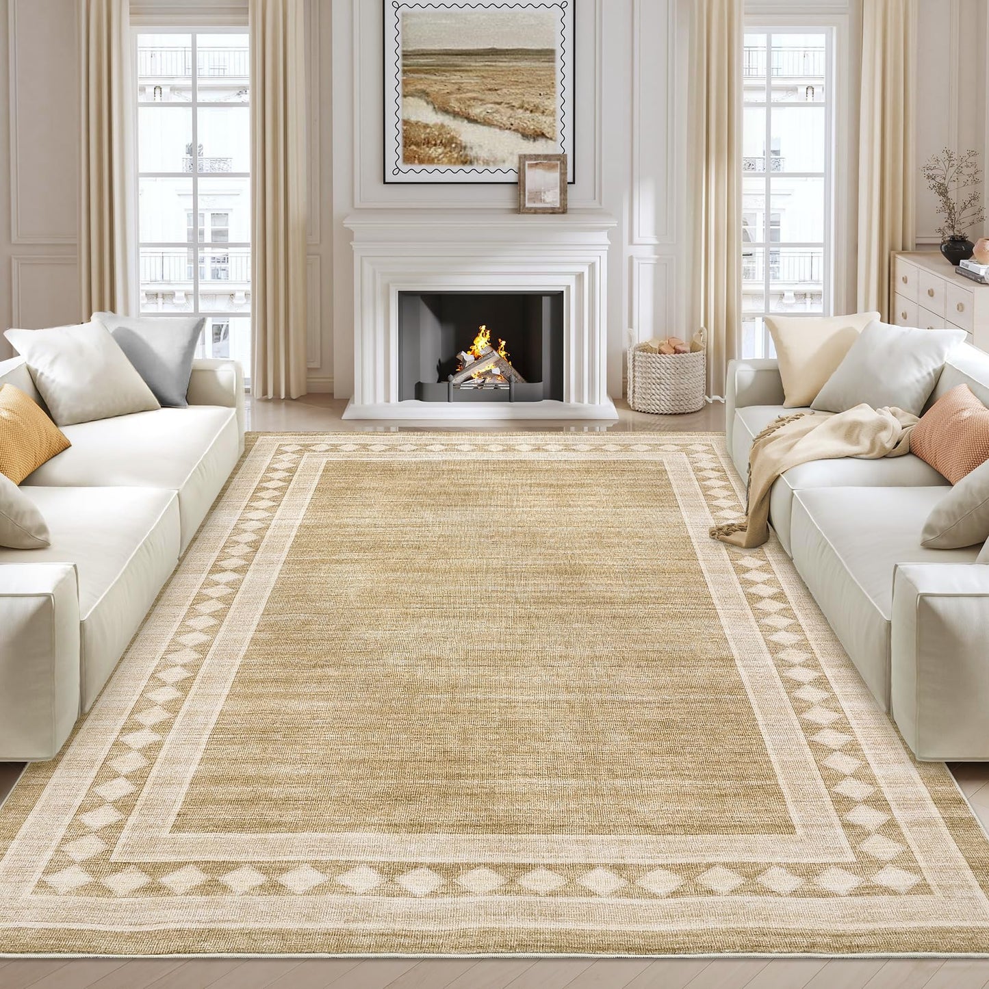 GlowSol Washable 6x9 Rugs Solid Bordered Area Rug for Living Room Bedroom, Soft Geometric Neutral Throw Rug Non Slip Low Pile Stain-Resistant Carpet for Dining Room Table Home Office,Jute Color