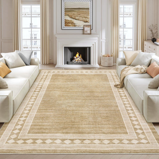 GlowSol Washable 6x9 Rugs Solid Bordered Area Rug for Living Room Bedroom, Soft Geometric Neutral Throw Rug Non Slip Low Pile Stain-Resistant Carpet for Dining Room Table Home Office,Jute Color