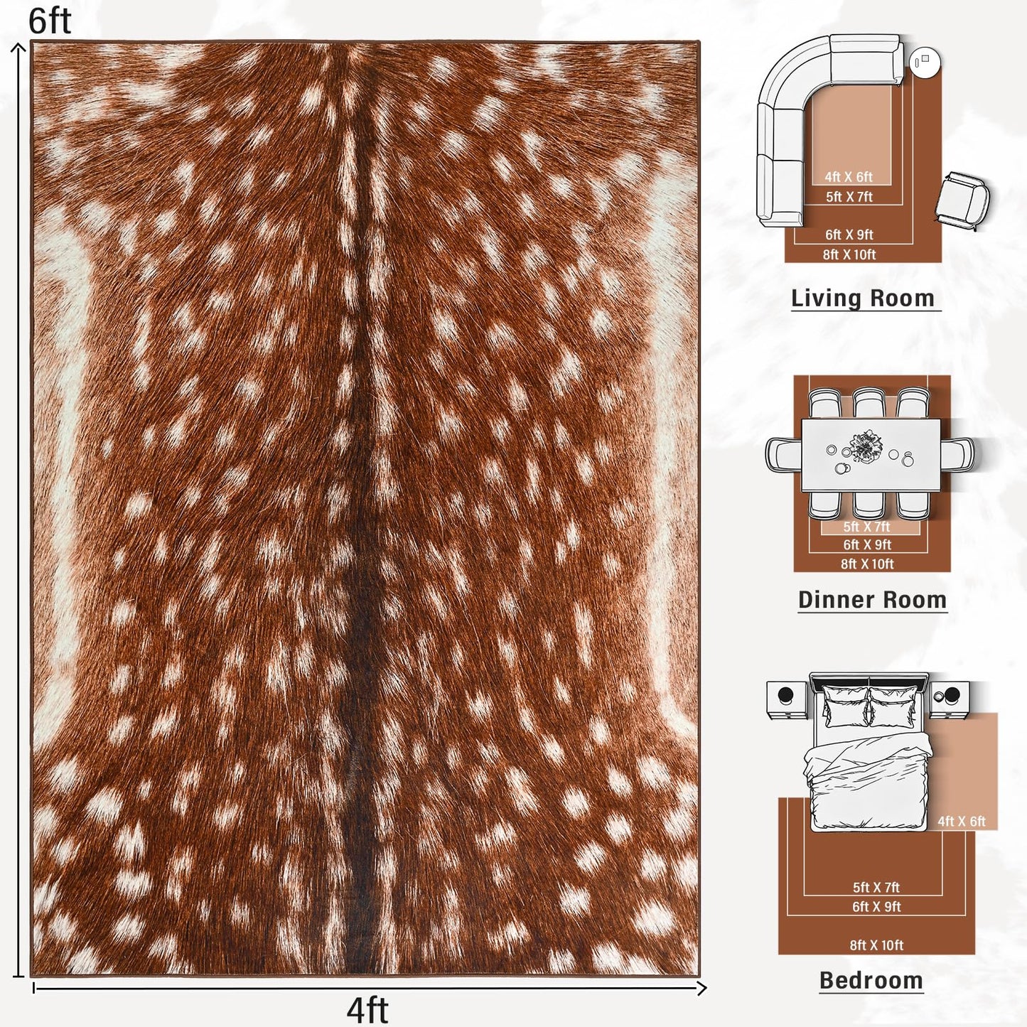 AROGAN Premium Deer Rug for Bedroom 4×6 Feet, Machine Washable Animal Hide Print Area Rug, Large Non-Slip Faux Fur Deer Skin Rugs Carpet for Office Living Room Dinner Room Home Decor