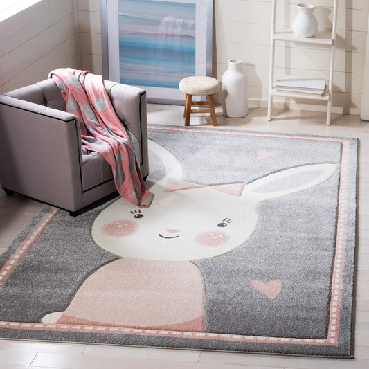 SAFAVIEH Carousel Kids Collection Accent Rug - 3'3" x 5'3", Grey & Ivory, Bunny Design, Non-Shedding & Easy Care, Ideal for High Traffic Areas for Boys & Girls in Playroom, Nursery, Bedroom (CRK166F)