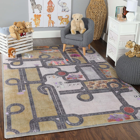 Superior Indoor Kids Rug, Washable, Non-Slip, Multi Color Playmat, Perfect for High Traffic Playroom, Perfect for Daycare Kids Room or Bedroom, Country Road Rug Aqua 4' x 6'