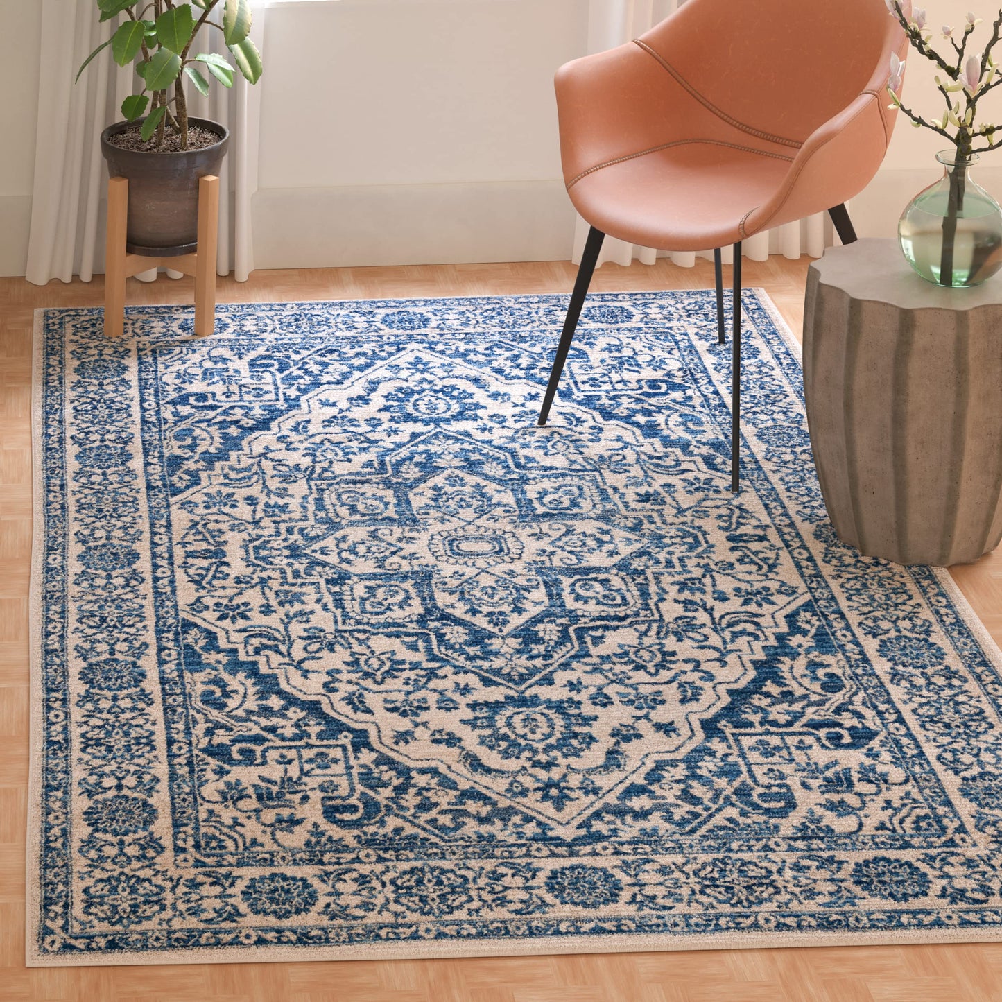 SAFAVIEH Brentwood Collection Area Rug - 8' x 10', Navy & Light Grey, Medallion Distressed Design, Non-Shedding & Easy Care, Ideal for High Traffic Areas in Living Room, Bedroom (BNT832M)