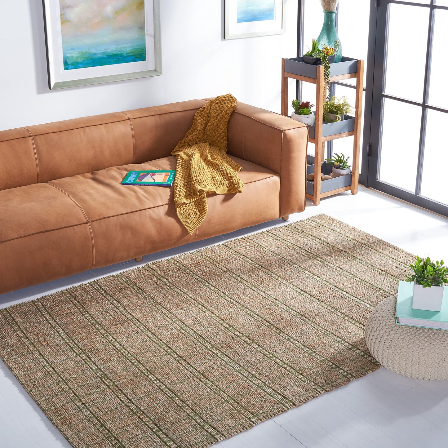 SAFAVIEH Natural Fiber Collection Accent Rug - 4' x 6', Green & Natural, Handmade Boho Stripe Farmhouse Rustic Jute & Cotton, Ideal for High Traffic Areas in Entryway, Living Room, Bedroom (NFB656Y)