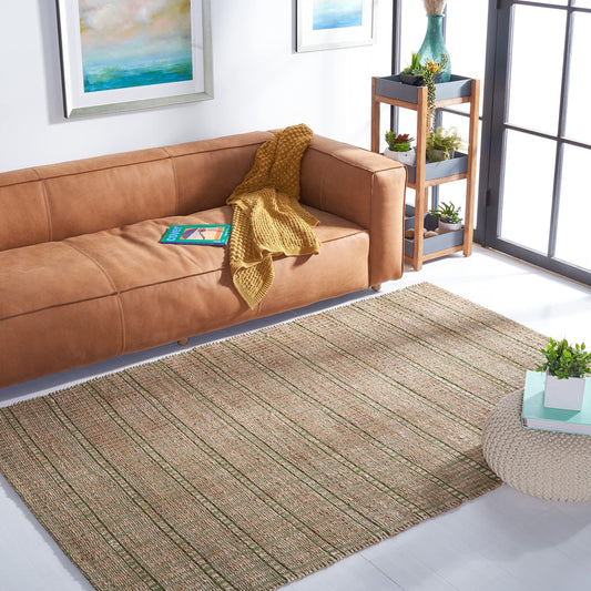 SAFAVIEH Natural Fiber Collection Accent Rug - 4' x 6', Green & Natural, Handmade Boho Stripe Farmhouse Rustic Jute & Cotton, Ideal for High Traffic Areas in Entryway, Living Room, Bedroom (NFB656Y)