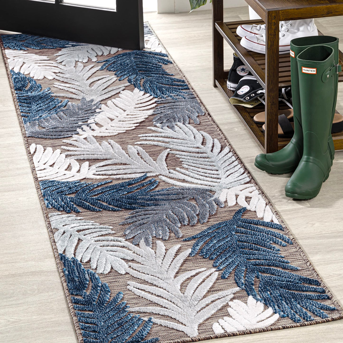 JONATHAN Y Tropical Palm Indoor Outdoor Runner Rug 2X8 Brown/Navy/Ivory, Montego High-Low for Backyard, Patio, Porch, Easy-Cleaning, High Traffic, Pet-Friendly, Non-Shedding (HWC101B-28)