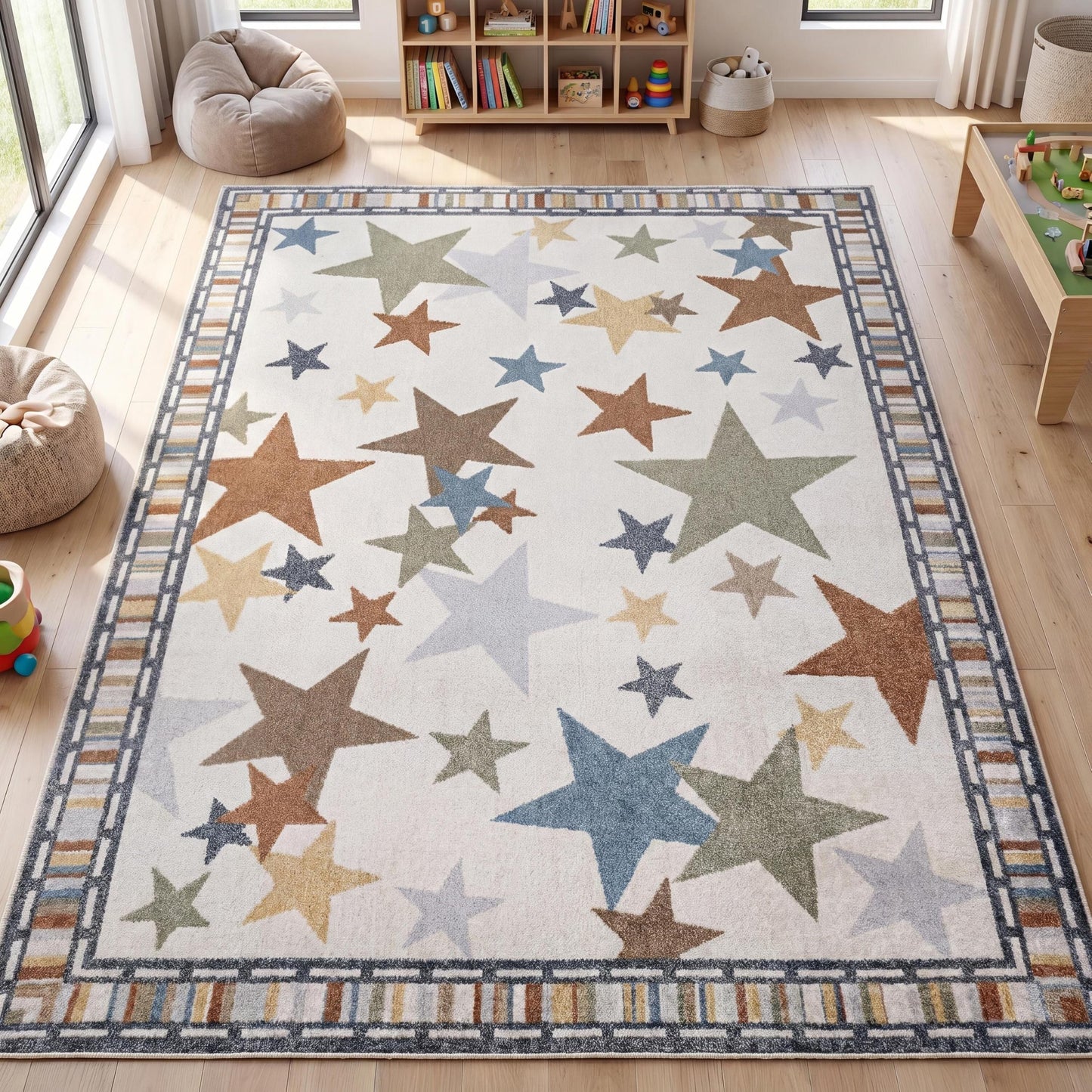 JONATHAN Y Machine-Washable Ivory/Blue/Orange Indoor Area Rug, 8x10, Star Gazer Geometric, Border, Kids & Novelty, Classic, Bedroom, Kitchen, Living Room, Easy-Cleaning, Non-Shedding (KDW100A-8)