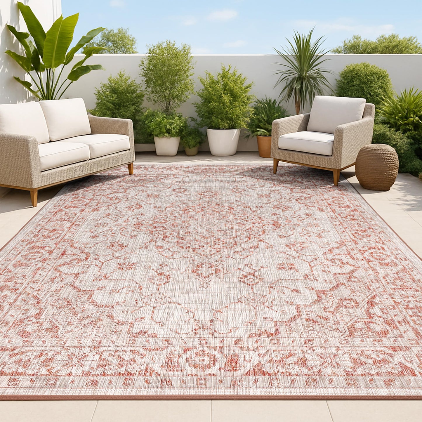 JONATHAN Y Boho Medallion Indoor Outdoor Area Rug 9X12 Red/Taupe, Rozetta Textured Weave for Backyard, Patio, Porch, Easy-Cleaning, High Traffic, Pet-Friendly, Non-Shedding (SMB102A-9)