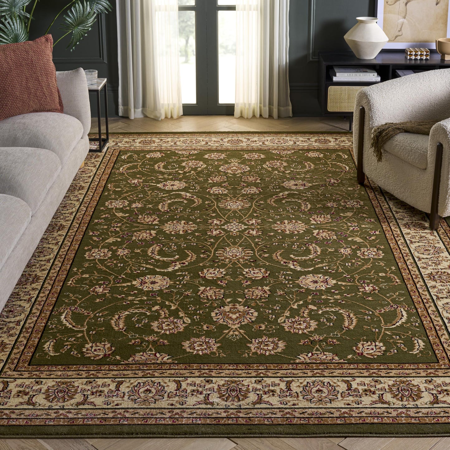 SAFAVIEH Lyndhurst Collection Area Rug - 9' x 12', Sage & Ivory, Traditional Oriental Design, Non-Shedding & Easy Care, Ideal for High Traffic Areas in Living Room, Bedroom (LNH219B)