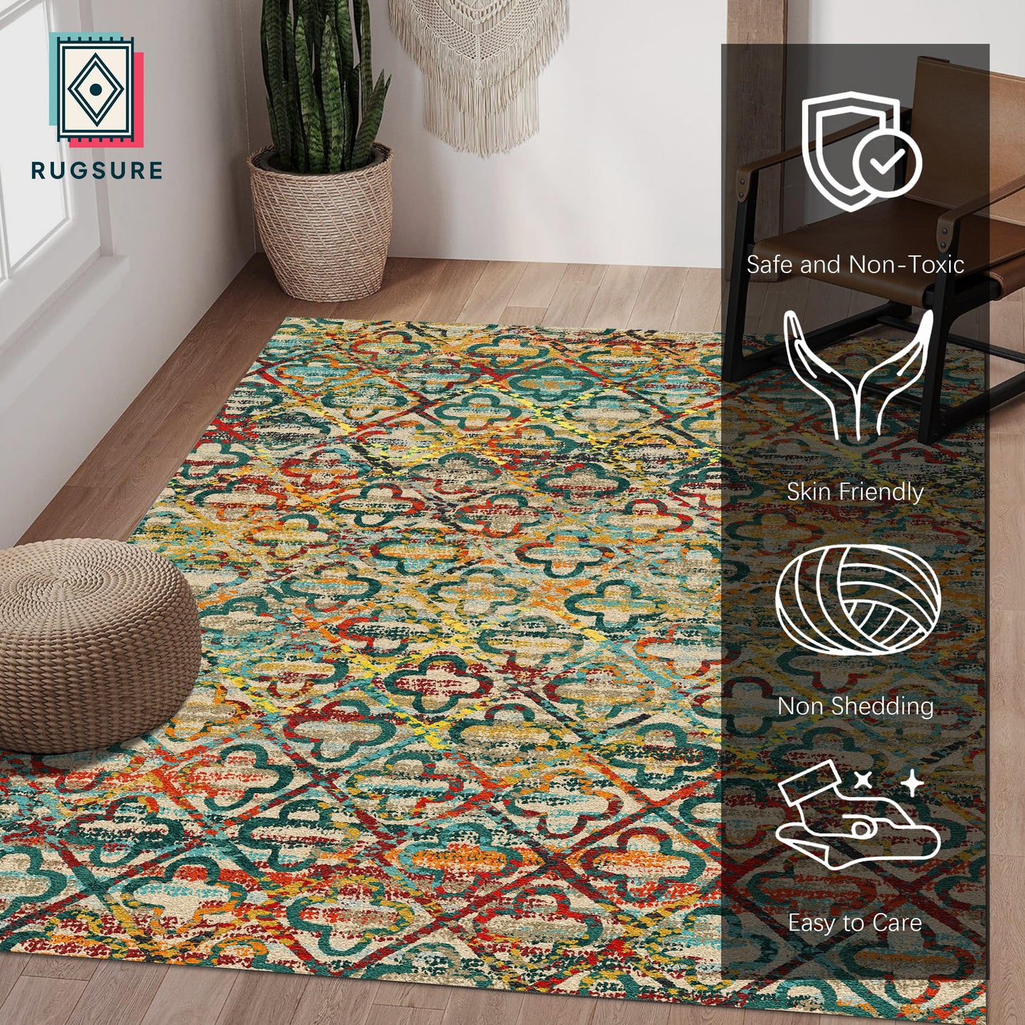 RUGSURE Washable Area Rugs, 5' x 7' - 1/6 Thick - Stain & Water Resistant Non-Slip - Perfect Resistant Rug for Living Room, Bedroom, Nursery, Pet & Child Friendly, Vibrant Colors Rugs, Multicolor
