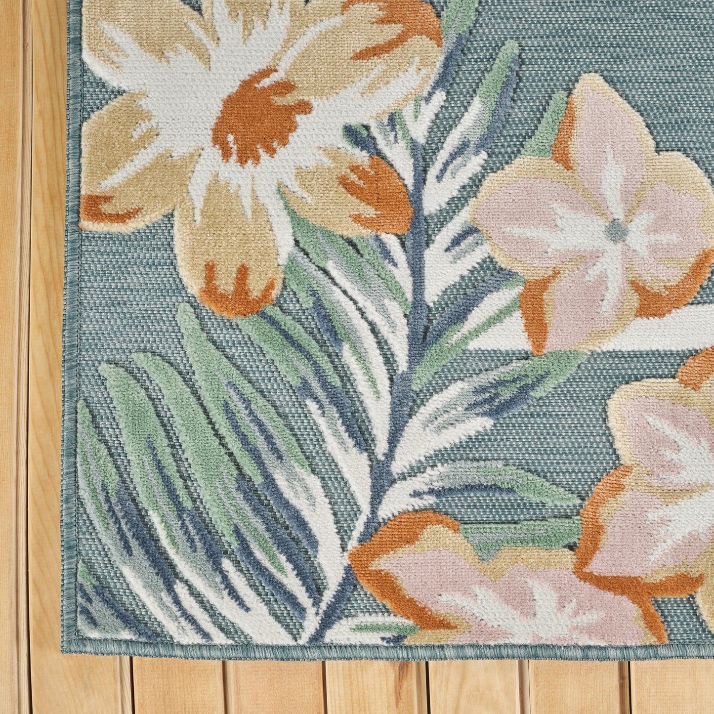 Abani Blue Area Rug – 8' x 10' – Sakura Collection – Floral Border Pattern – Easy to Clean – Durable for Patio, Living Room, or Sunroom, Pet & Child Friendly