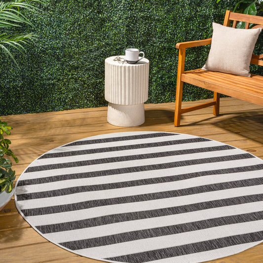 JONATHAN Y Wide Stripe Indoor Outdoor Round Area Rug 3 Ft Black/Cream, Aveiro for Backyard, Patio, Porch, Easy-Cleaning, High Traffic, Pet-Friendly, Non-Shedding (SMB112B-3R)