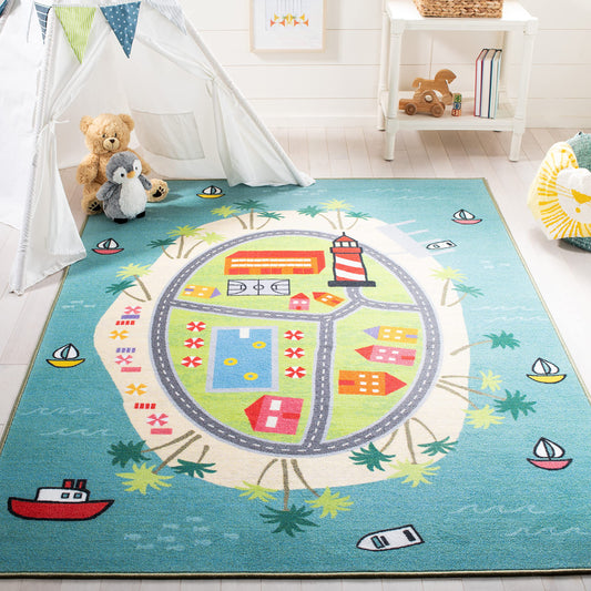 SAFAVIEH Washable Rug Kids Playhouse Collection - 3'3" x 5'3", Blue & Green, Slip Resistant & Easy to Clean, Ideal for Kids Room, Playroom, Nursery, Boys & Girls Room (KPH202M)