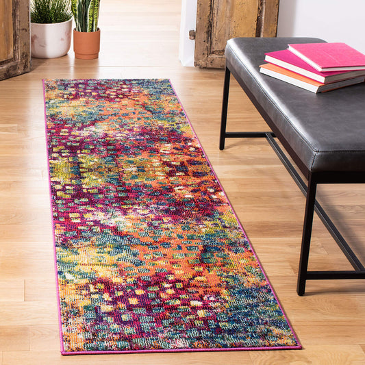 SAFAVIEH Monaco Collection Runner Rug - 2'2" x 22', Pink & Multi, Boho Chic Abstract Watercolor Design, Non-Shedding & Easy Care, Ideal for High Traffic Areas in Living Room, Bedroom (MNC225D)