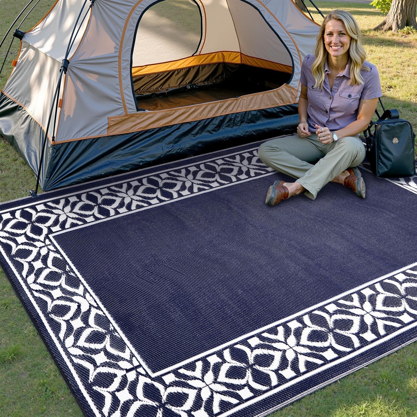 PureCozy Outdoor Plastic Straw Rug Navy Blue Large Outside Waterproof Outdoor Patio 8x10 Carpet Geometric Reversible Mat Modern for Camping RV Porch Deck Balcony Beach
