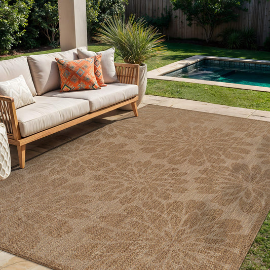 Rugshop Floral Indoor Outdoor Flat Woven Area Rug,Natural Jute-Style,Easy-Care Patio Rug for Backyard Porch Deck Balcony, 6'6" x 9' Sand/Natural