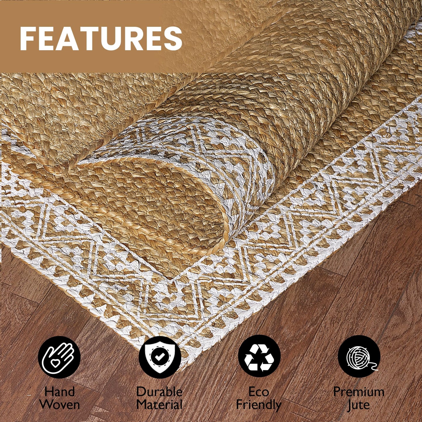 voyzz home 5X8 Feet-Rectangular, Premium Natural Jute Braided Area Rug, White Printed Border, Stain Resistance, Natural Brown, Handmade Rug for Entryways, Living Room, Dining Room, Bedroom, Farmhouse
