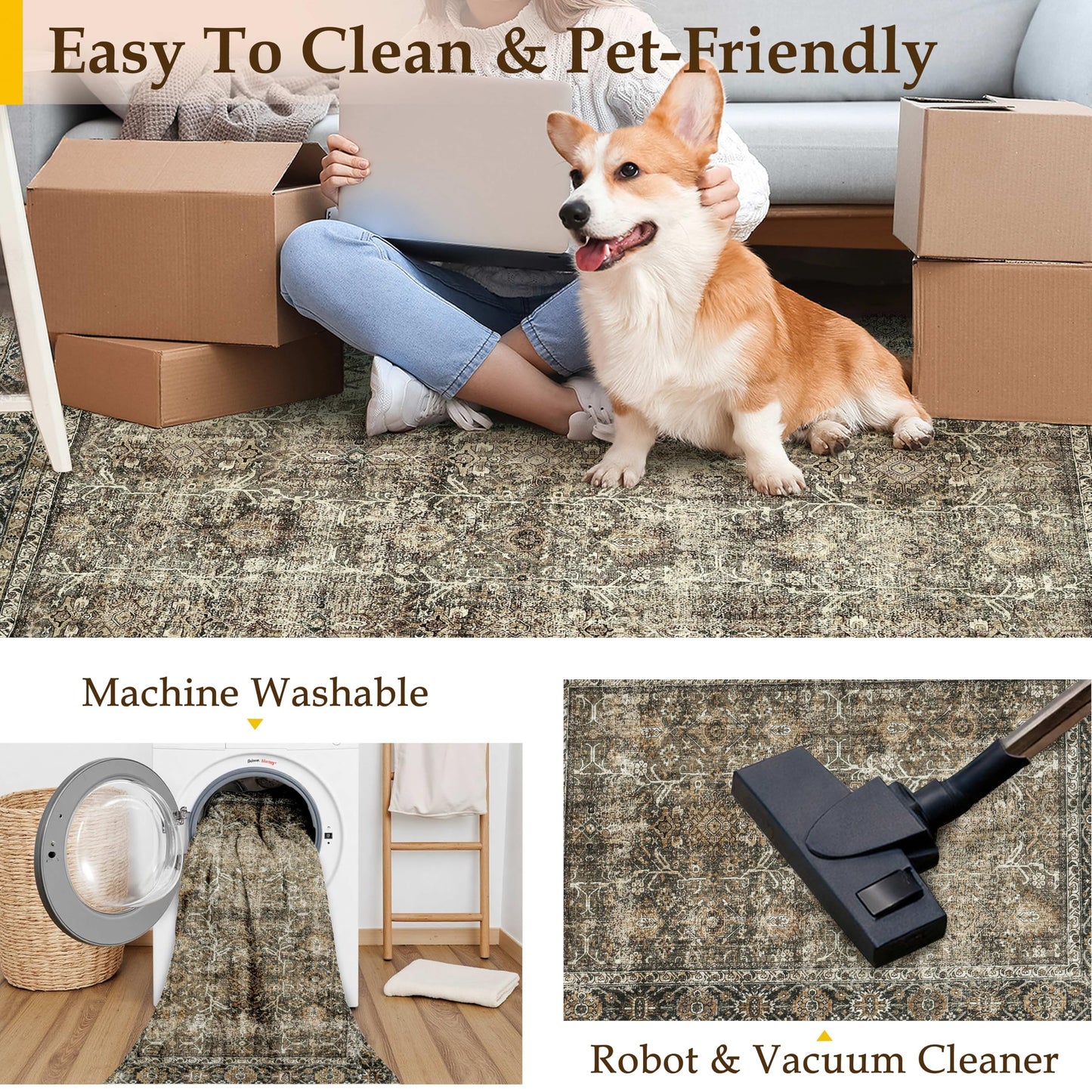 PureCozy Brown Runner Rug 2x6 Vintage Area Carpet Hallway Long Indoor Kitchen Washable Living Room Low Pile Traditional Distressed Retro Accent Throw Rug Non Slip Laundry Bathroom Office Dining Room