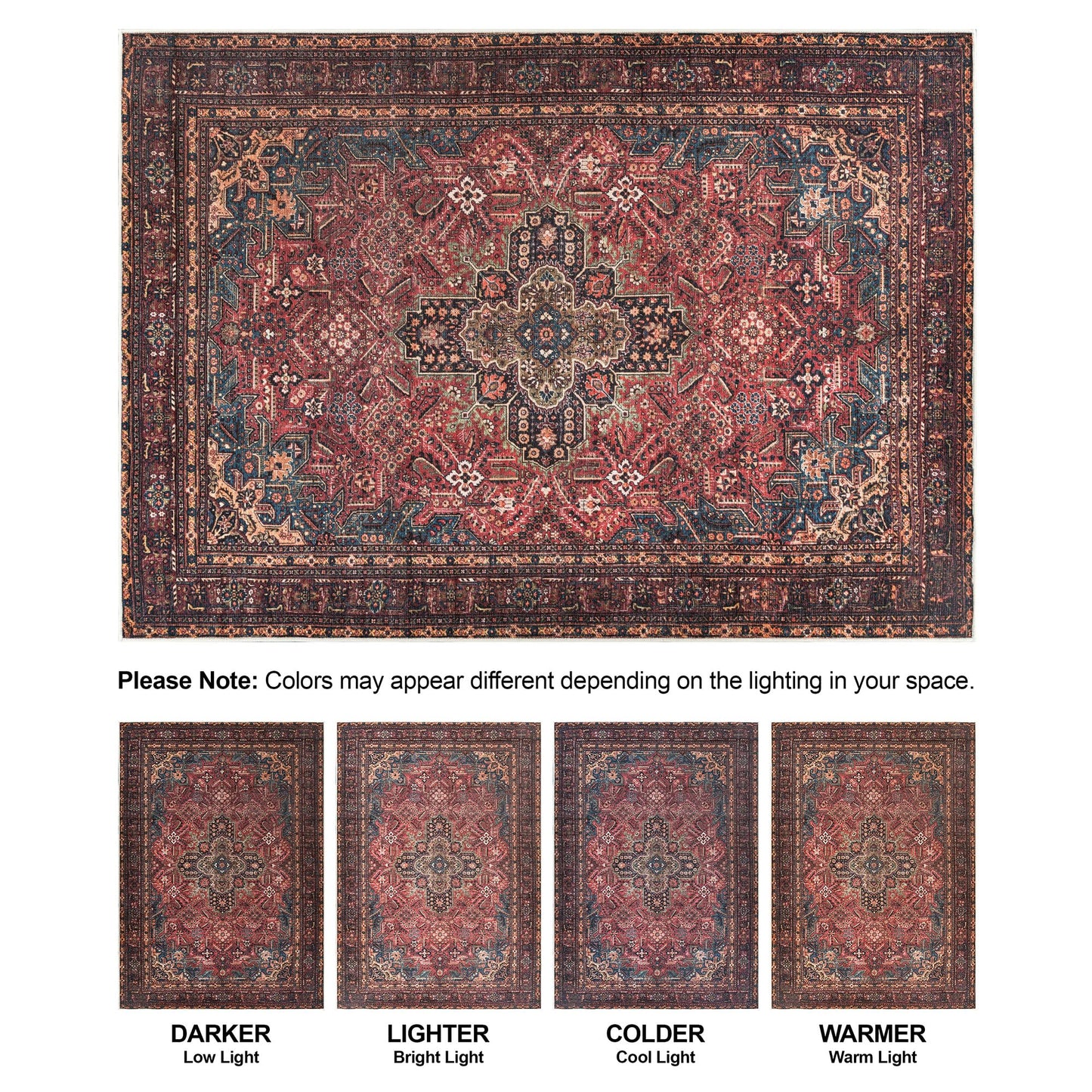Bloom Rugs Washable Non-Slip 4' x 6' Rug - Red/Teal Blue/Yellow Traditional Medallion Area Rug for Living Room, Bedroom, Dining Room, and Kitchen - Exact Size: 4' x 6'