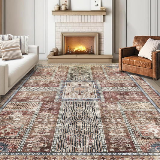 YARNSCAPE Vintage 4' x 6' Washable Area Rug - Stylish Indoor Rug for Living, Dining or Bedroom - Lightweight Carpet with Non-Slip Backing - Foldable for Easy Placement and Maintenance - Rust