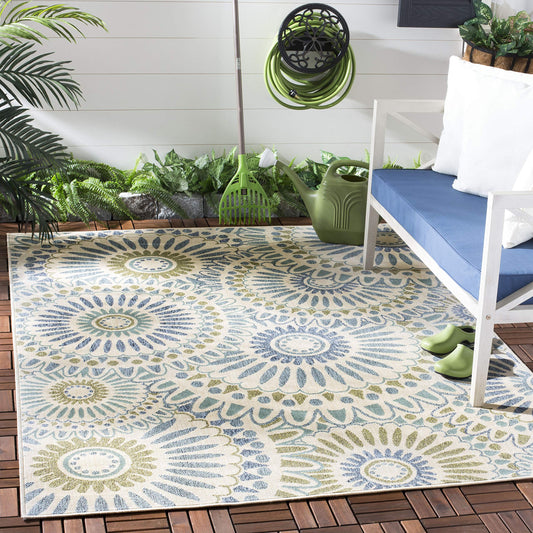 SAFAVIEH Washable Rug Outdoor Veranda Collection - 5'3" Square, Cream & Green, Non-Shedding & Easy to Clean, Ideal for Patio, Backyard, Mudroom (VER091-0614)