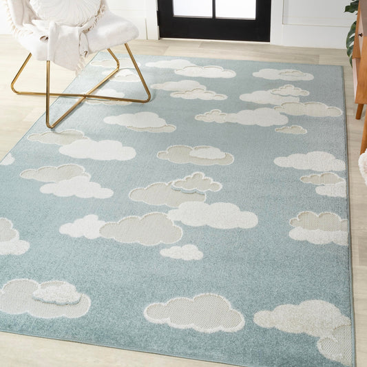 Eyely High-Low Cloud Scandi Area Rug 4 X 6 Blue/Ivory, Indoor Outdoor Rug