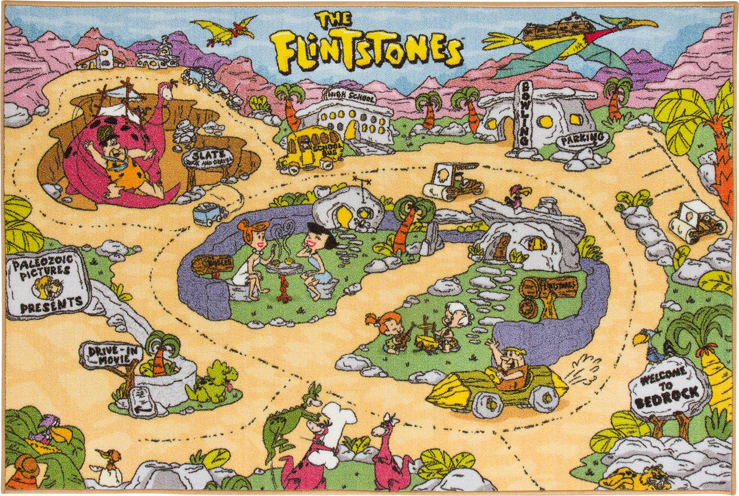 The Flintstones Bedrock City Adventure Road Play Rug 3x5| Kids Interactive Toy Car Play Mat Carpet for Toddler Classroom, Playroom & Baby Nursery