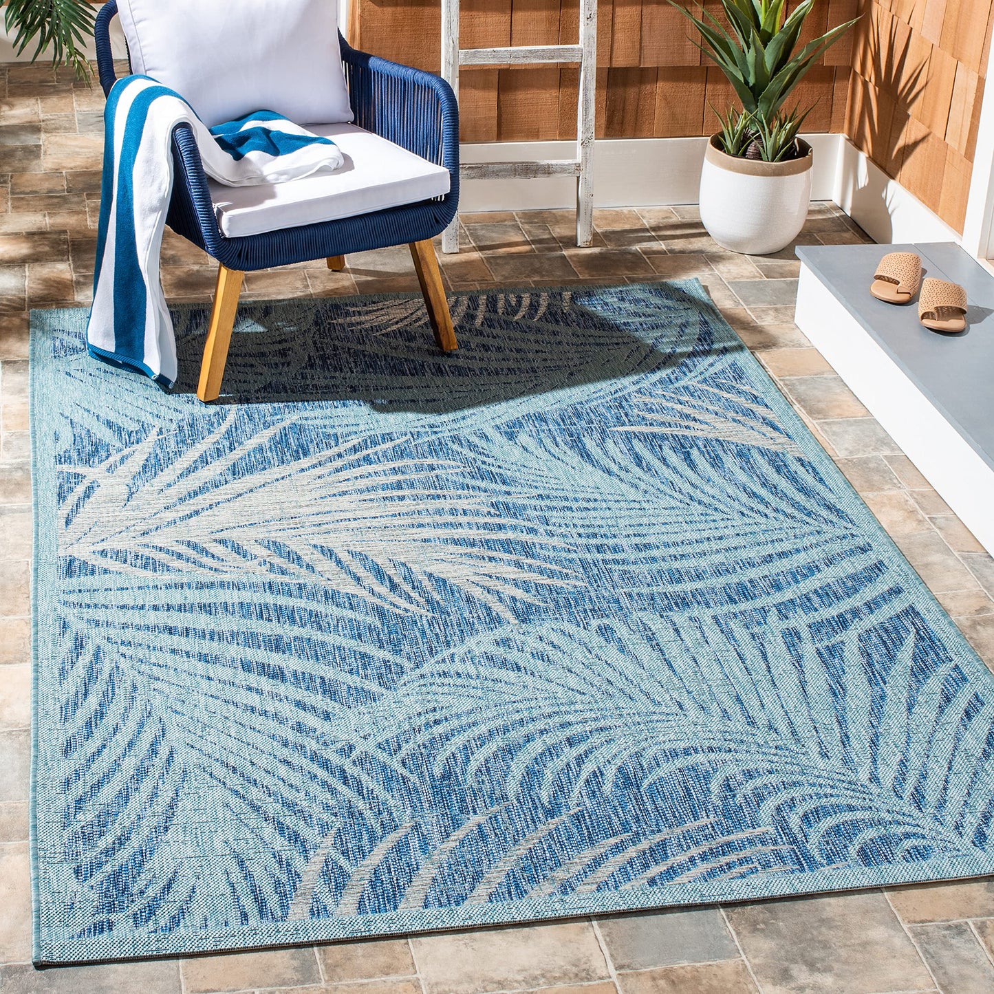 SAFAVIEH Washable Rug Outdoor Courtyard Collection - 3' x 5', Aqua Blue & Navy, Non-Shedding & Easy Cleaning, Ideal for Patio, Backyard, Mudroom (CY7557-39421)