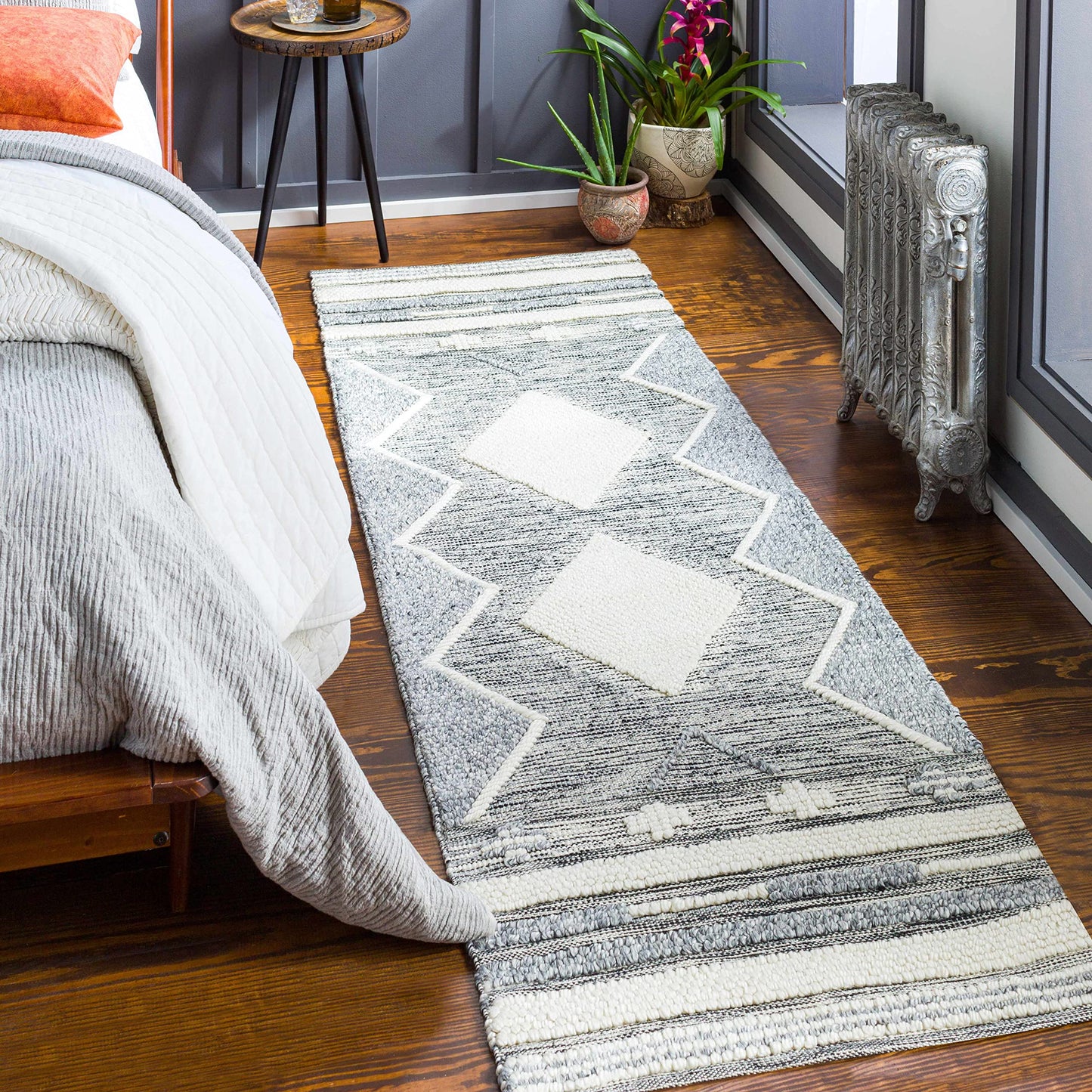 Hauteloom McDonald Recycled Material Area Rug - Geometric Diamond Border Striped Medallion - Bohemian Transitional Tribal Southwestern Navajo - Light Slate, Medium Gray, Black, Gray, Cream - 2' x 3'