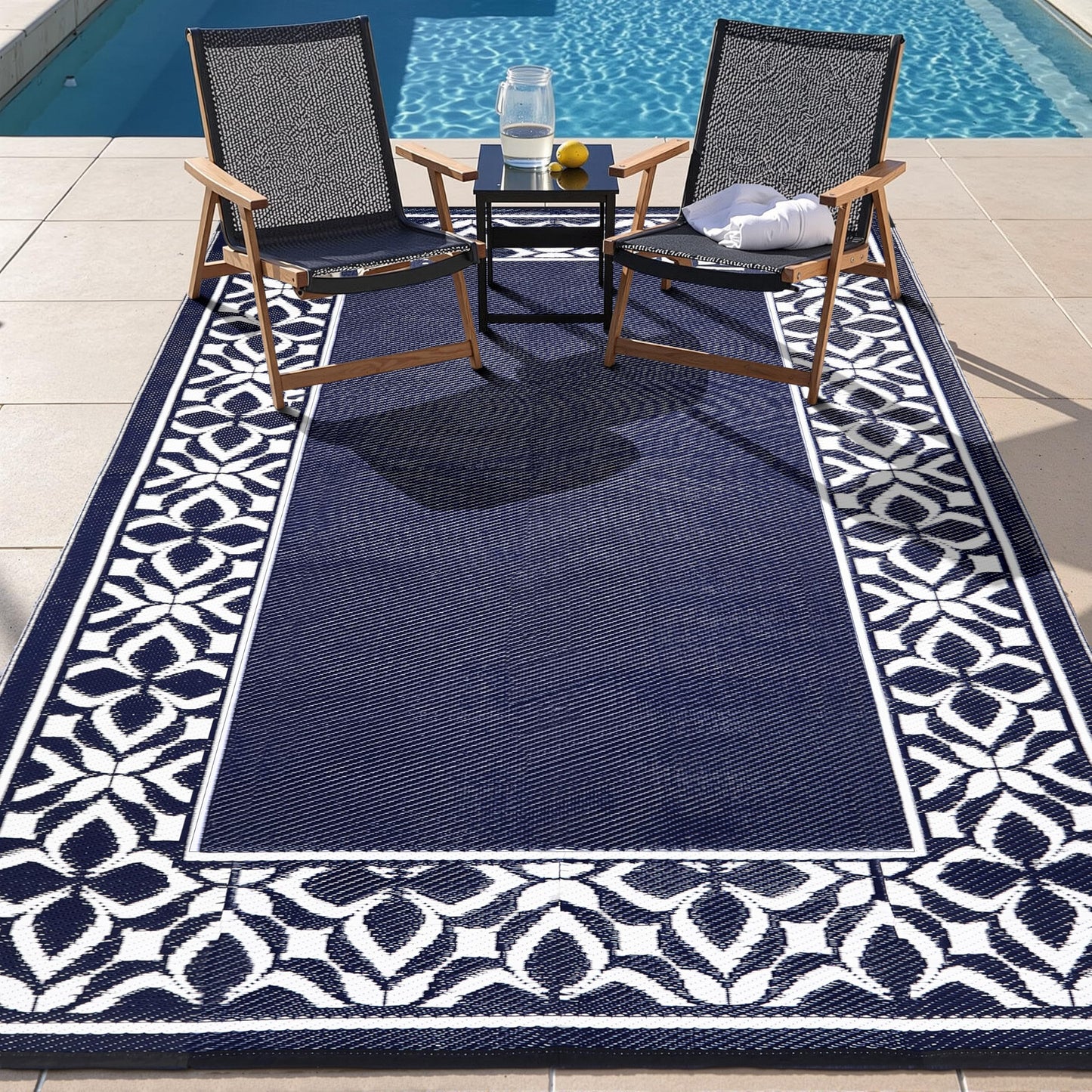PureCozy Outdoor Plastic Straw Rug Navy Blue Large Outside Waterproof Outdoor Patio 8x10 Carpet Geometric Reversible Mat Modern for Camping RV Porch Deck Balcony Beach