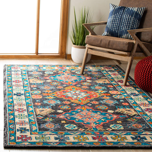 SAFAVIEH Aspen Collection Area Rug - 6' x 9', Charcoal & Blue, Handmade Boho Wool, Ideal for High Traffic Areas in Living Room, Bedroom (APN521H)