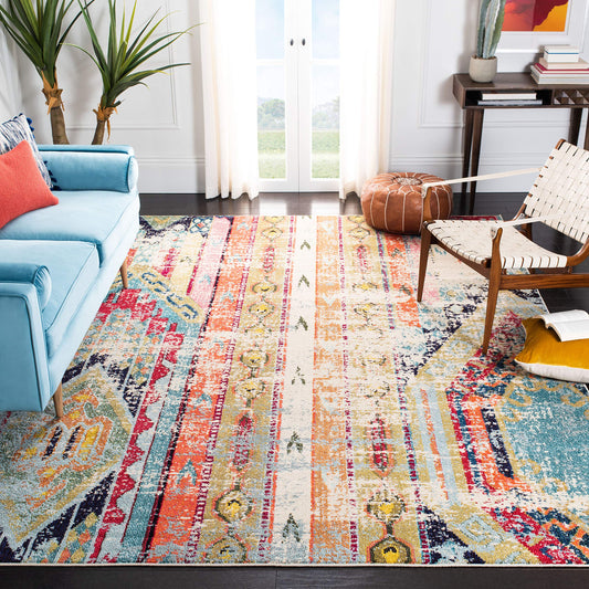 SAFAVIEH Madison Collection Area Rug - 10' x 14', Blue & Orange, Boho Chic Tribal Distressed Design, Non-Shedding & Easy Care, Ideal for High Traffic Areas in Living Room, Bedroom (MAD422F)