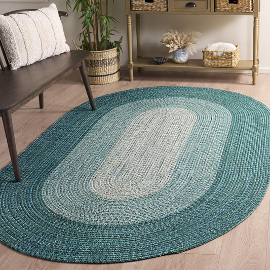 SAFAVIEH Washable Rug Outdoor Braided Collection - 4' x 6' Oval, Ivory & Turquoise, Handmade & Reversible, Non-Shedding & Easy to Clean, Ideal for Patio, Backyard, Deck, Kitchen, Mudroom (BRA220K)