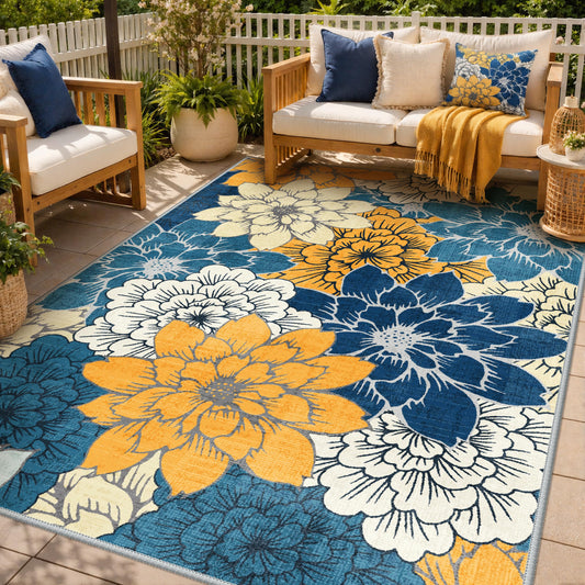 GENIMO Indoor Outdoor Area Rug 5'x8', Machine Washable Rugs for Patio, Waterproof, Non-Slip Easy Cleaning Floral Outdoor Mat Carpet for Living Room, Bedroom, RV, Balcony, Deck, Camping, Navy Blue