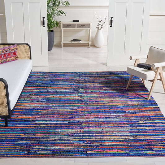 SAFAVIEH Rag Rug Collection Area Rug - 9' x 12', Blue & Multi, Handmade Boho Stripe Cotton, Ideal for High Traffic Areas in Living Room, Bedroom (RAR240B)