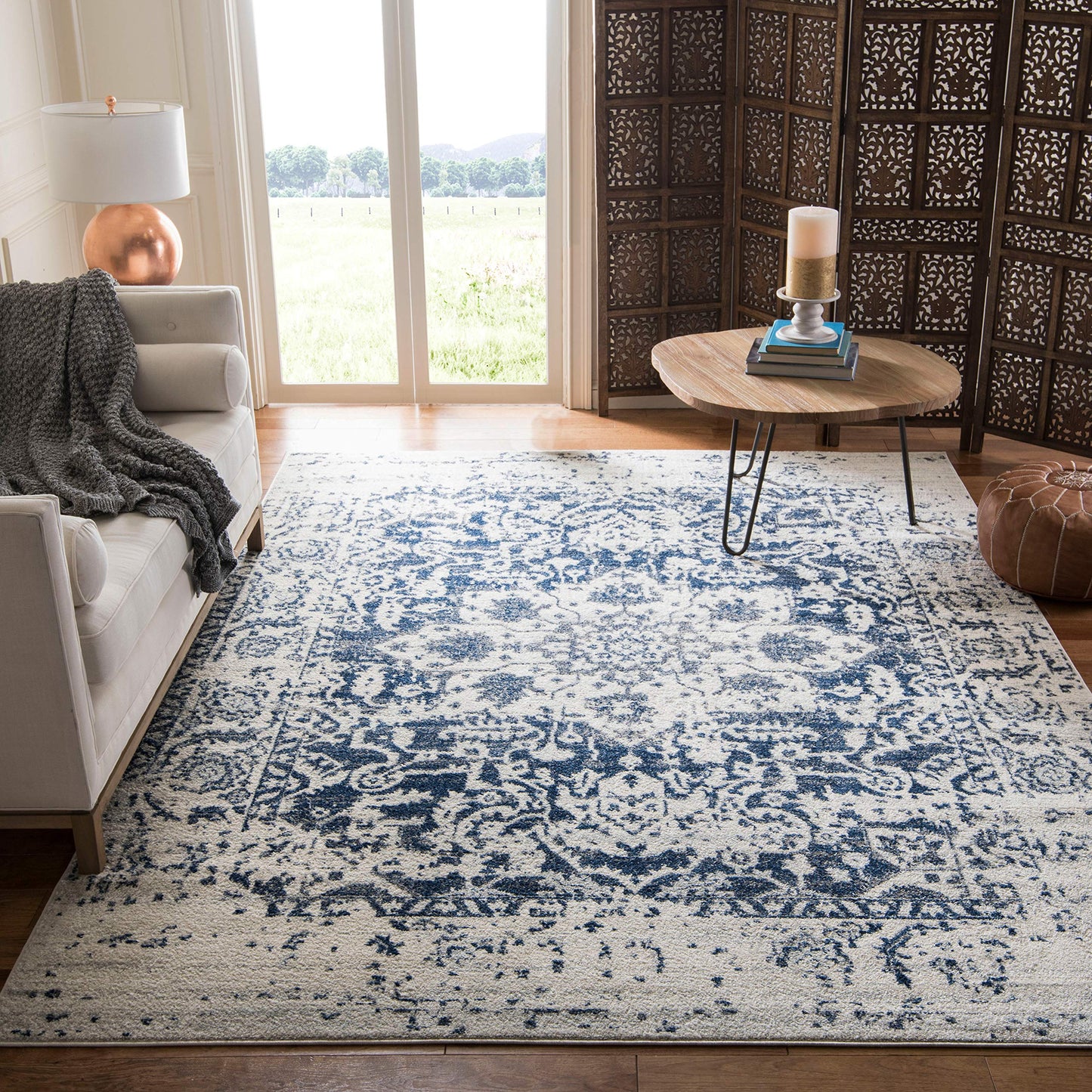 SAFAVIEH Madison Collection Area Rug - 10' Square, Cream & Navy, Snowflake Medallion Distressed Design, Non-Shedding & Easy Care, Ideal for High Traffic Areas in Living Room, Bedroom (MAD603D)