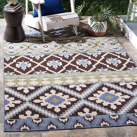 SAFAVIEH Washable Rug Outdoor Veranda Collection - 5'3" x 7'7", Chocolate & Blue, Non-Shedding & Easy to Clean, Ideal for Patio, Backyard, Mudroom (VER097-0624)