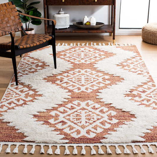 SAFAVIEH Area Rug 8x10 - Moroccan Tassel Shag Collection - Large - Orange & Ivory, Boho Design, Non-Shedding & Easy Cleaning, Plush Pile, Ideal for Living Room, Bedroom, Dining Space (MTS652P)