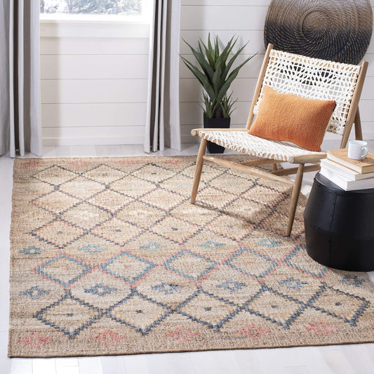 SAFAVIEH Kilim Collection Area Rug - 5' x 8', Natural & Blue, Handmade Moroccan Boho Jute & Cotton, Ideal for High Traffic Areas in Living Room, Bedroom (KLM753A)