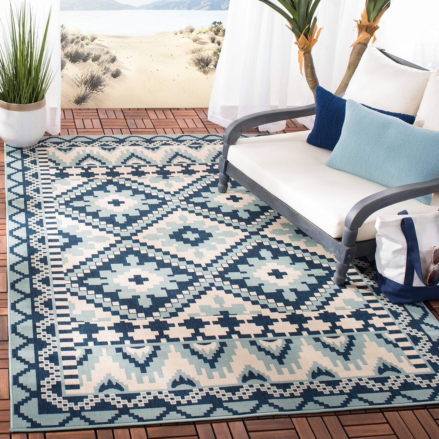 SAFAVIEH Washable Rug Outdoor Veranda Collection - 5'3" x 7'7", Turquoise & Blue, Non-Shedding & Easy to Clean, Ideal for Patio, Backyard, Mudroom (VER096-3934)