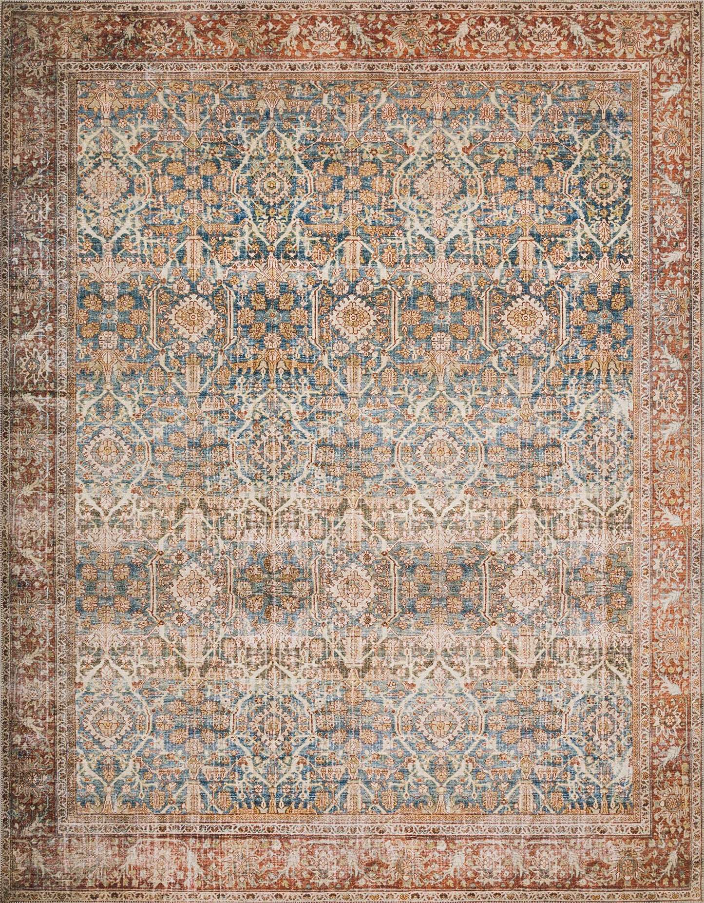 Loloi Layla Collection LAY-04 Ocean/Rust 9'-0" x 12'-0" .13" Thick Area Rug, Soft, Durable, Vintage Inspired, Distressed, Low Pile, Non-Shedding, Easy Clean, Printed, Living Room Rug