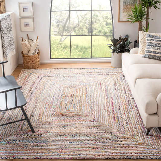 SAFAVIEH Area Rug 6' Square - Cape Cod Collection - Beige & Multi, Handmade Jute & Cotton, Woven Braided Design (CAP202B)