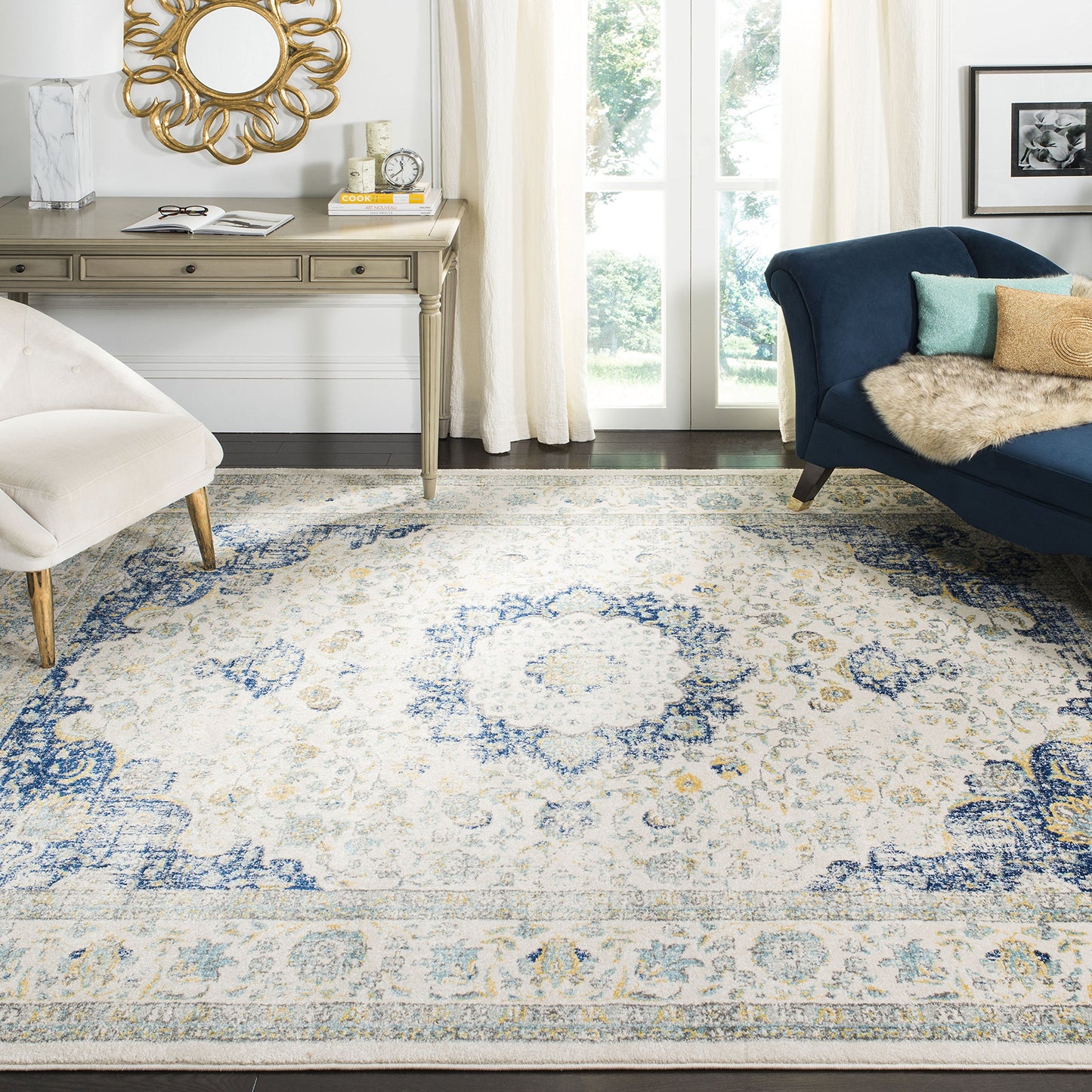SAFAVIEH Area Rug 9x12 - Evoke Collection - Large - Ivory & Blue, Shabby Chic Oriental Medallion Design, Non-Shedding & Easy to Clean, Ideal for Living Room, Bedroom, Dining Space (EVK220C)