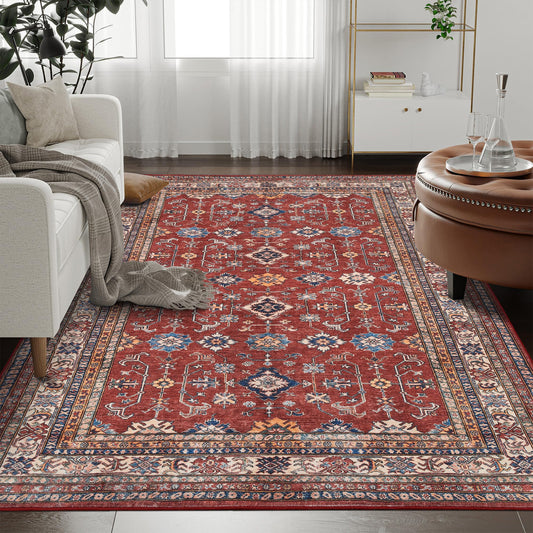 Rugland 5x7 Area Rugs - Stain Resistant Washable Rugs 5x7, Anti Slip Backing Low Pile Rugs for Living Room, Bedroom, Vintage Tribal Area Rugs, Burgundy