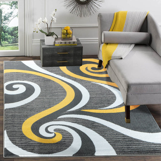GLORY RUGS Modern Area Rug Swirls Carpet Bedroom Living Room Contemporary Dining Accent Sevilla Collection 4817A (Yellow, 5x7)